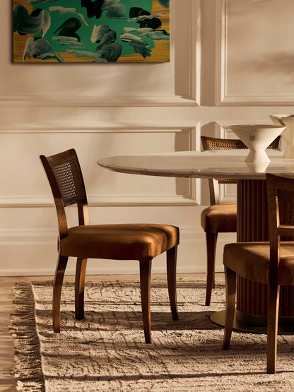 Italian Curved Cane Back Armless Dining Chair Beech Wood with Mustard Velvet (Set of 2)