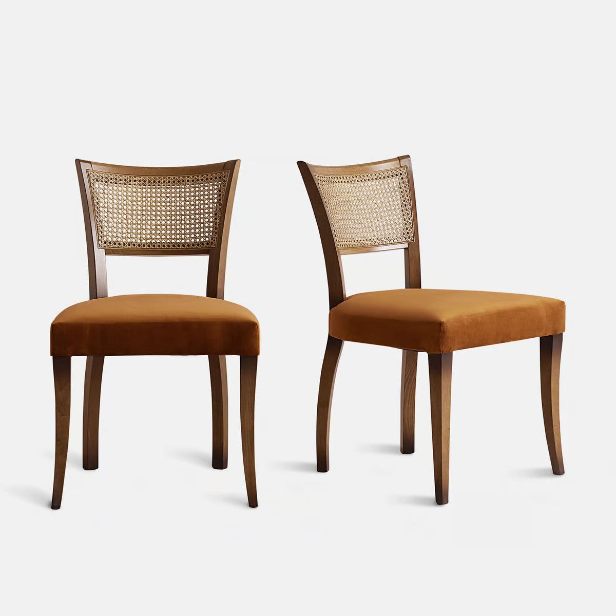 Italian Curved Cane Back Armless Dining Chair Beech Wood with Mustard Velvet (Set of 2)