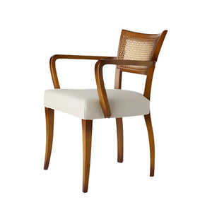 Italian Curved Cane Back Armchair Dining Chair Beech Wood with Slubby Linen