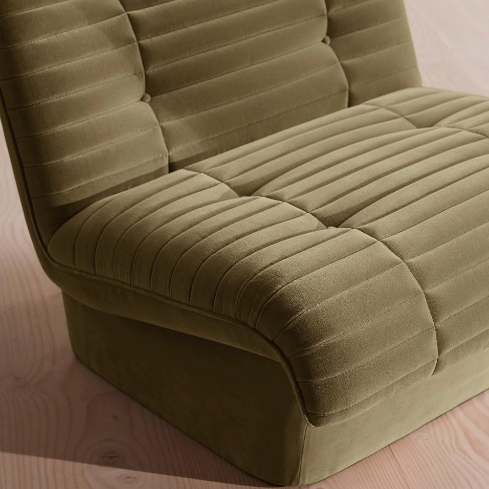 Lichen Green Velvet Channel Tufted Fully Upholstered Armless Pedestal Lounge Chair