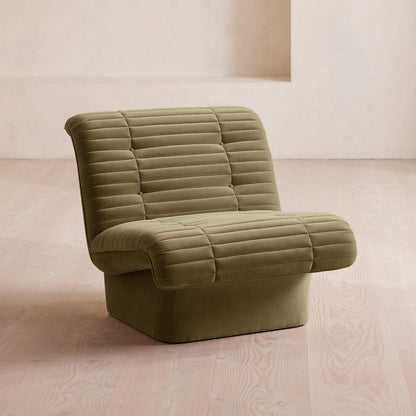 Lichen Green Velvet Channel Tufted Fully Upholstered Armless Pedestal Lounge Chair