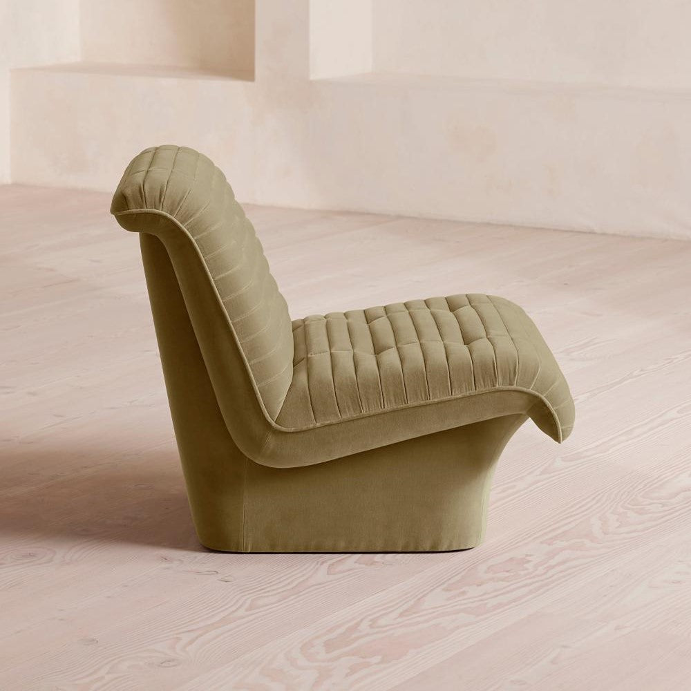 Lichen Green Velvet Channel Tufted Fully Upholstered Armless Pedestal Lounge Chair