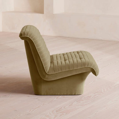 Lichen Green Velvet Channel Tufted Fully Upholstered Armless Pedestal Lounge Chair