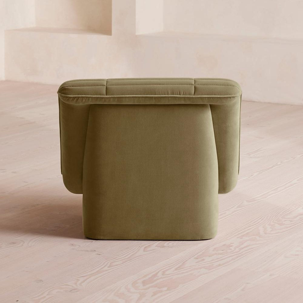 Lichen Green Velvet Channel Tufted Fully Upholstered Armless Pedestal Lounge Chair