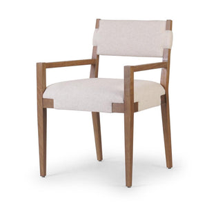 Light Finished Solid Ash Wood Armchair Dining Chair Neutral Linen Blend Performance Fabric Seat