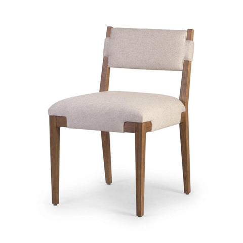 Light Finished Solid Ash Wood Armless Dining Chair Neutral Linen Blend Performance Fabric Seat