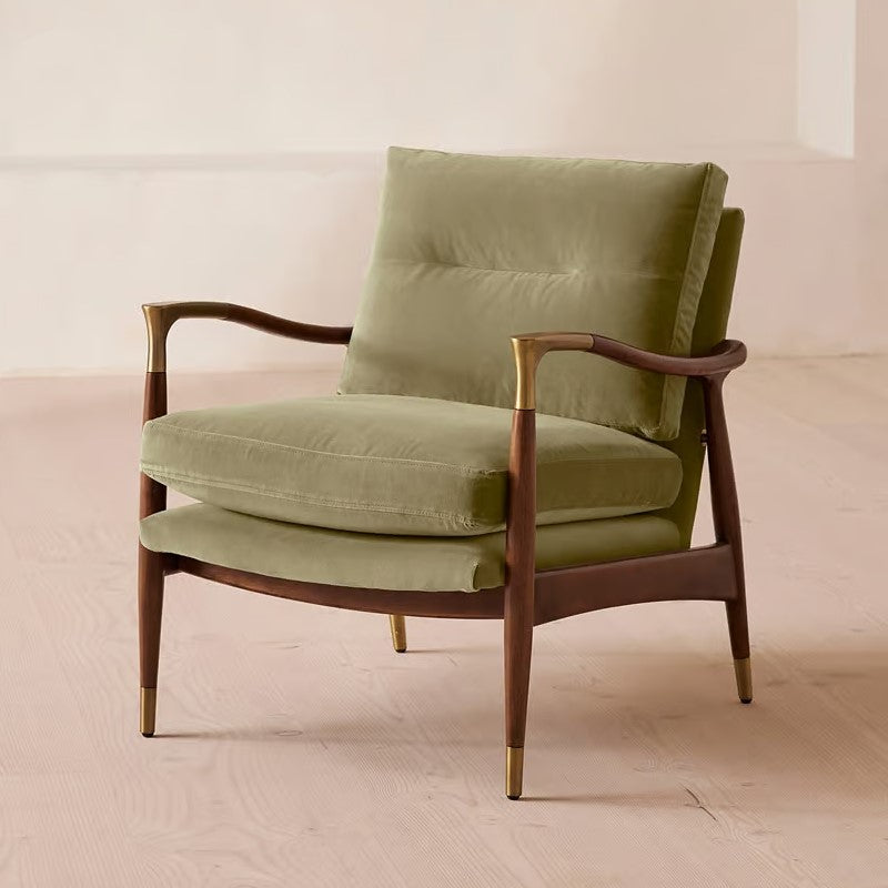 Light Green Velvet Fabric Midcentury Lounge Chair Armchair Birch Wood Frame