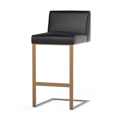 Low Back Cantilever Black Leather & Antique Brass Steel Frame Bar Stool