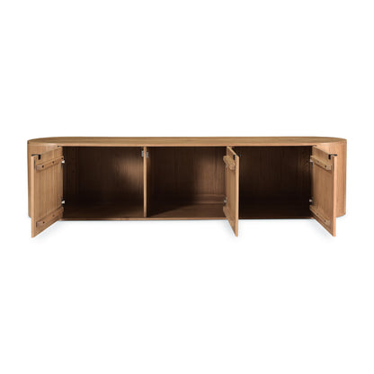 Low Profile Curved Solid Oak Wood 3 Door Media Console Storage Cabinet 80 inch