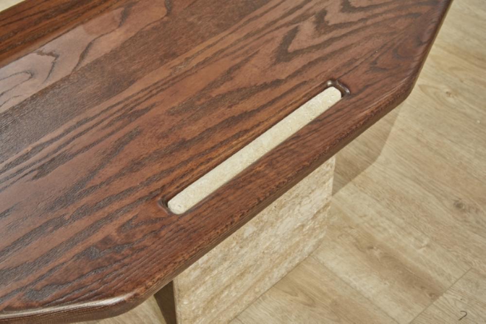 Low Profile Travertine Stone & FSC Certified Solid Oak Wood Coffee Table 50 inch