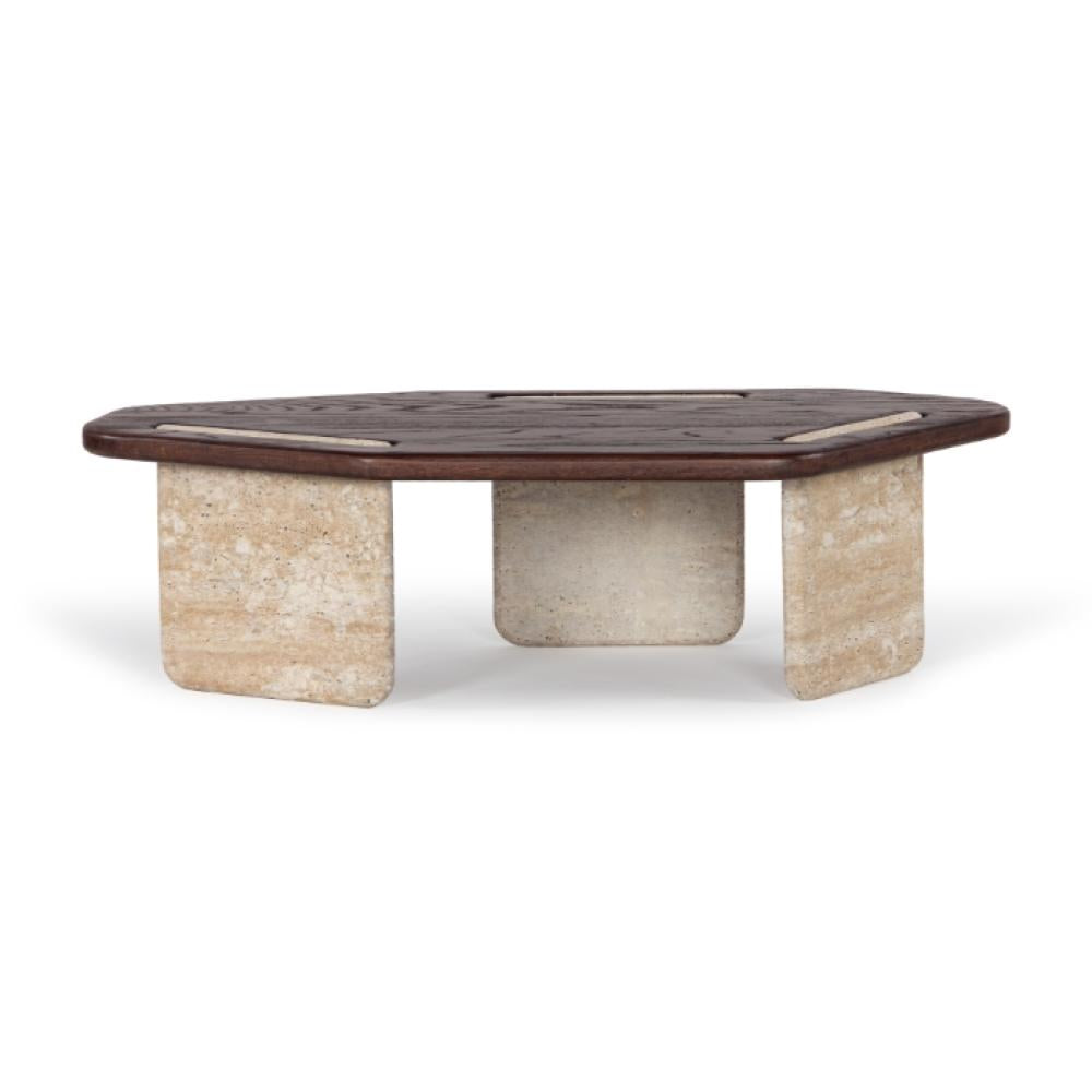 Low Profile Travertine Stone & FSC Certified Solid Oak Wood Coffee Table 50 inch