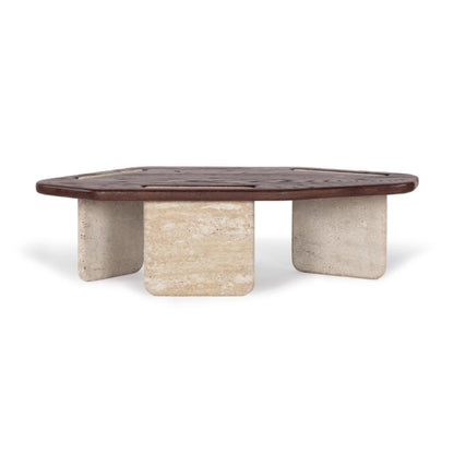 Low Profile Travertine Stone & FSC Certified Solid Oak Wood Coffee Table 50 inch
