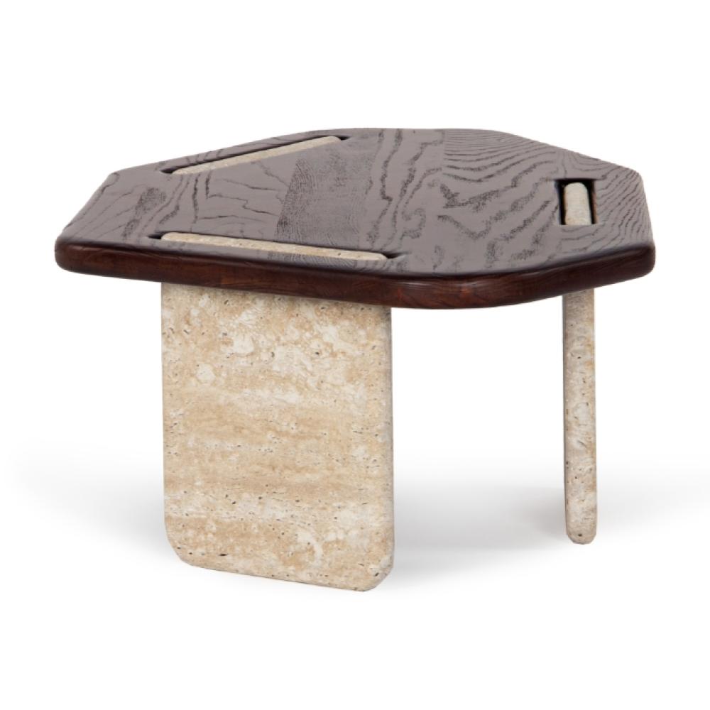 Low Profile Travertine Stone & FSC Certified Solid Oak Wood Coffee Table 50 inch