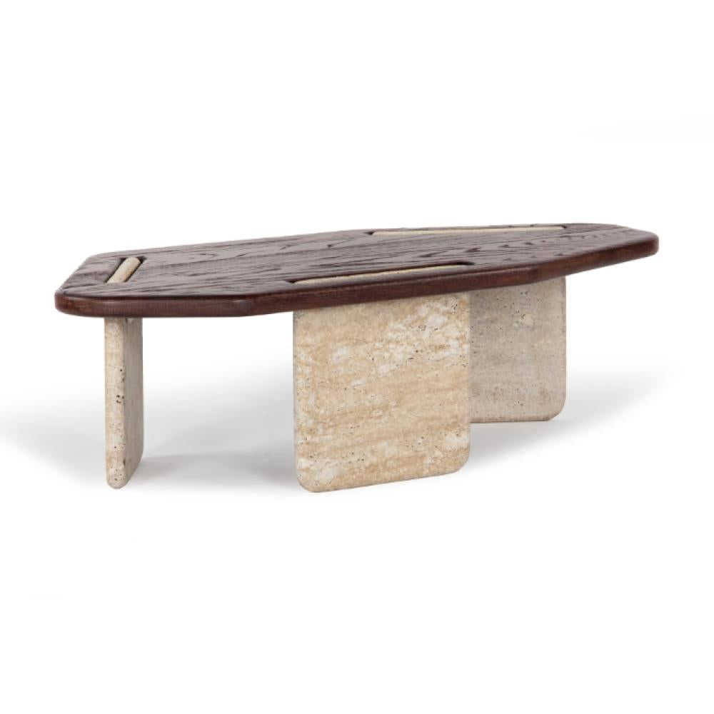 Low Profile Travertine Stone & FSC Certified Solid Oak Wood Coffee Table 50 inch