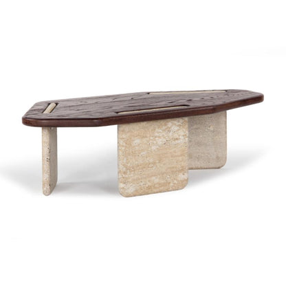 Low Profile Travertine Stone & FSC Certified Solid Oak Wood Coffee Table 50 inch