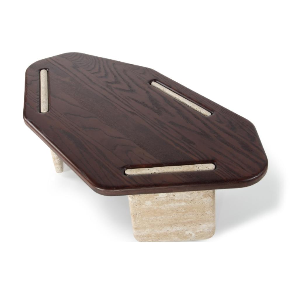 Low Profile Travertine Stone & FSC Certified Solid Oak Wood Coffee Table 50 inch