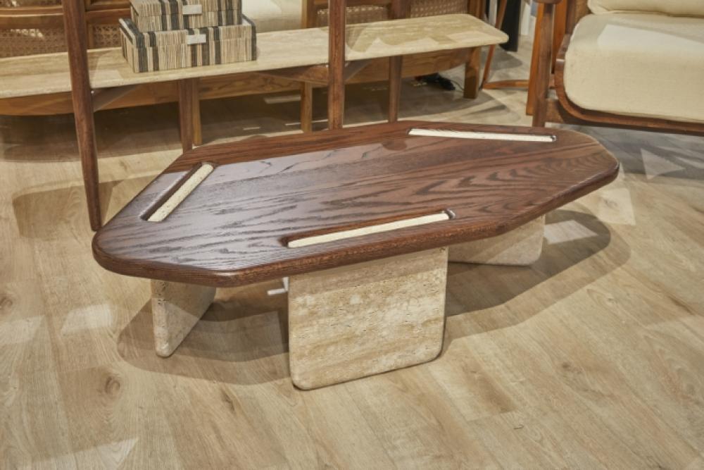 Low Profile Travertine Stone & FSC Certified Solid Oak Wood Coffee Table 50 inch