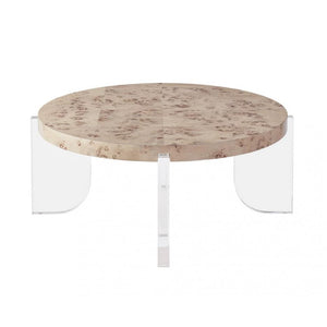 Mappa Burl Wood & Clear Acrylic Leg Modern Round Coffee Table 40 inch