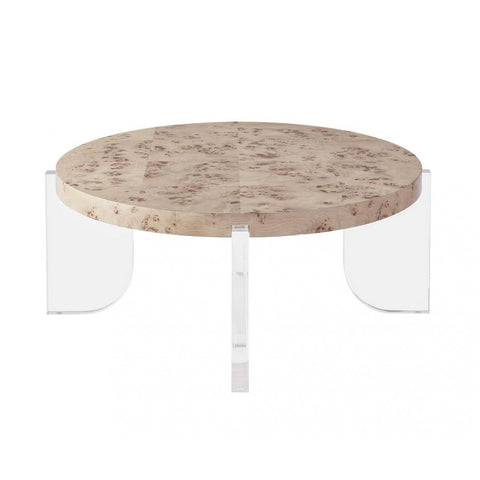 Mappa Burl Wood & Clear Acrylic Leg Modern Round Coffee Table 40 inch