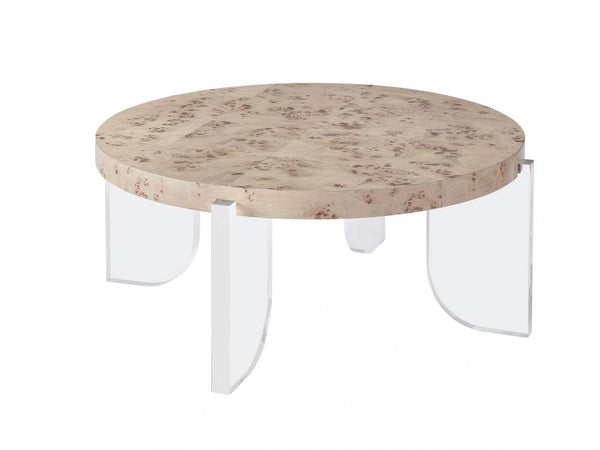 Mappa Burl Wood & Clear Acrylic Leg Modern Round Coffee Table 40 inch