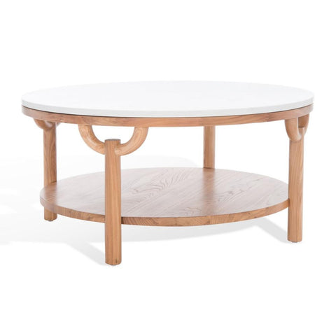 Marble Top Two Tier Round Coffee Table Elm Wood 35 inch