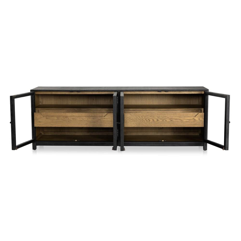 Matte Black Glass Door Media Console Storage Cabinet 78 inch