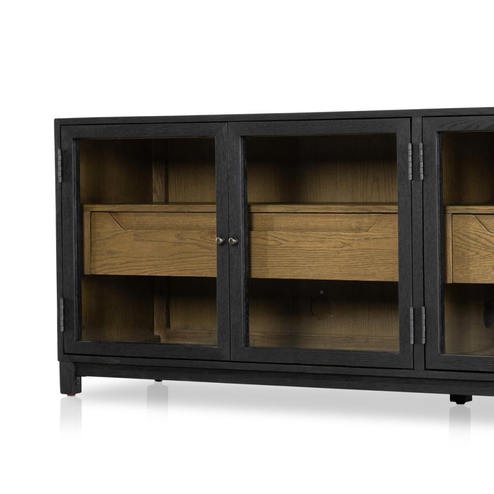 Matte Black Glass Door Media Console Storage Cabinet 78 inch