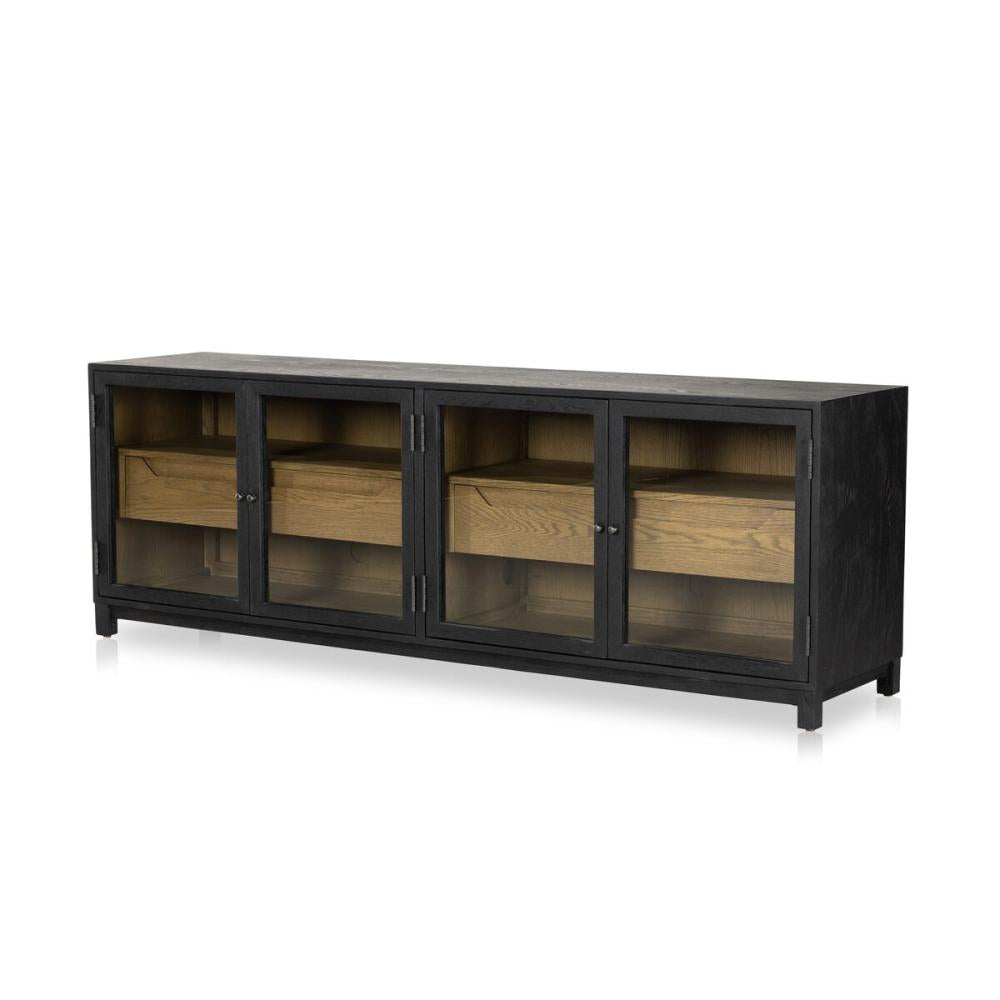 Matte Black Glass Door Media Console Storage Cabinet 78 inch