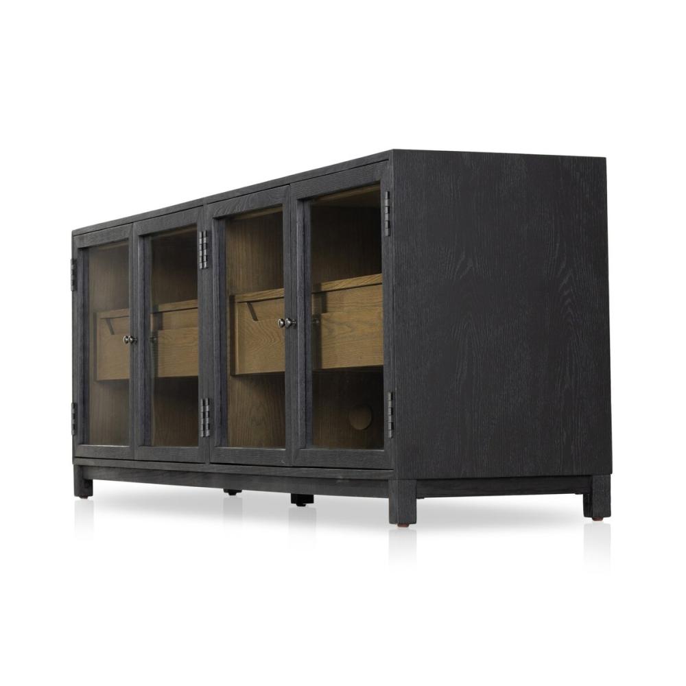 Matte Black Glass Door Media Console Storage Cabinet 78 inch