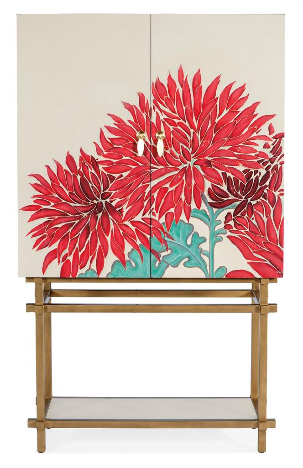 Maximalist Red & Blue Floral & Linen Wrapped Tall Luxury Bar Cabinet with Light 42 inch