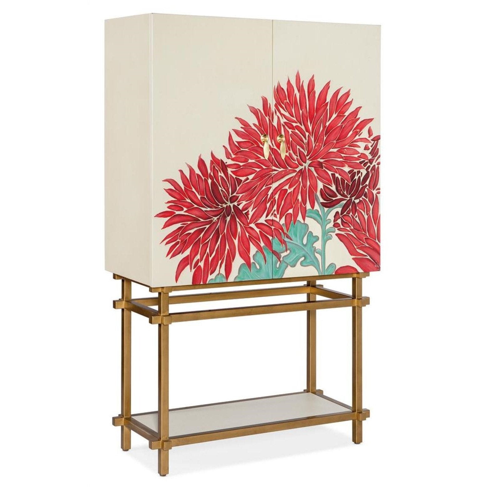 Maximalist Red & Blue Floral & Linen Wrapped Tall Luxury Bar Cabinet with Light 42 inch