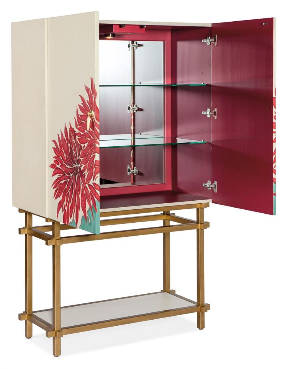 Maximalist Red & Blue Floral & Linen Wrapped Tall Luxury Bar Cabinet with Light 42 inch