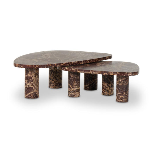 Merlot Solid Marble Freeform Pillar Leg Low Profile Nesting Coffee Table (Set of 2)
