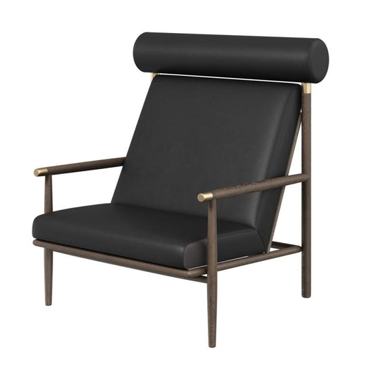 Mid-Century Danish Style Black Leather Lounge Chair Solid Oak Wood Frame