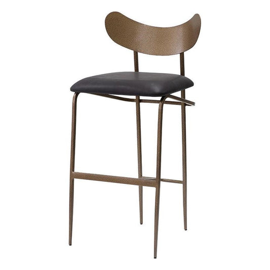 Mid-Century Modern Charcoal Black Leather & Antique Brass Bar Stool