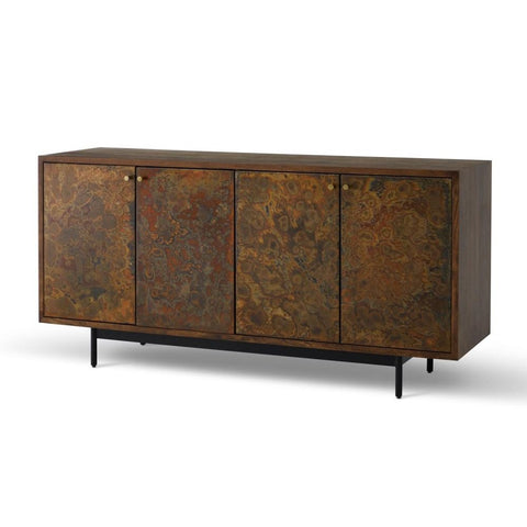 Mid-Century Reactive Finish Metal & Solid Acacia Wood Brown Buffet Sideboard 69 inch