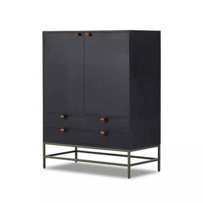 Mid-Century Style Black Wood Minimalist Bar Cabinet with Brown Leather Pulls 40 inch