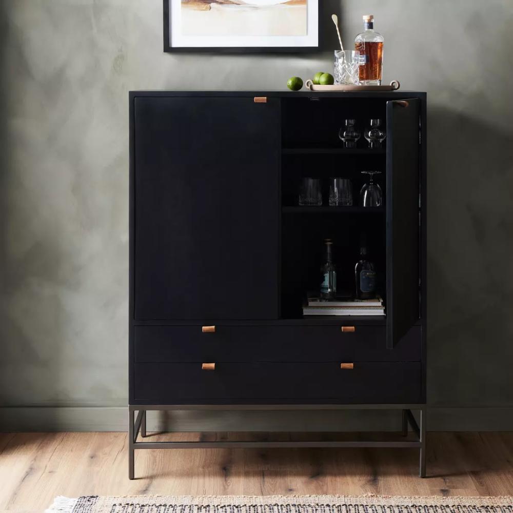 Mid-Century Style Black Wood Minimalist Bar Cabinet with Brown Leather Pulls 40 inch