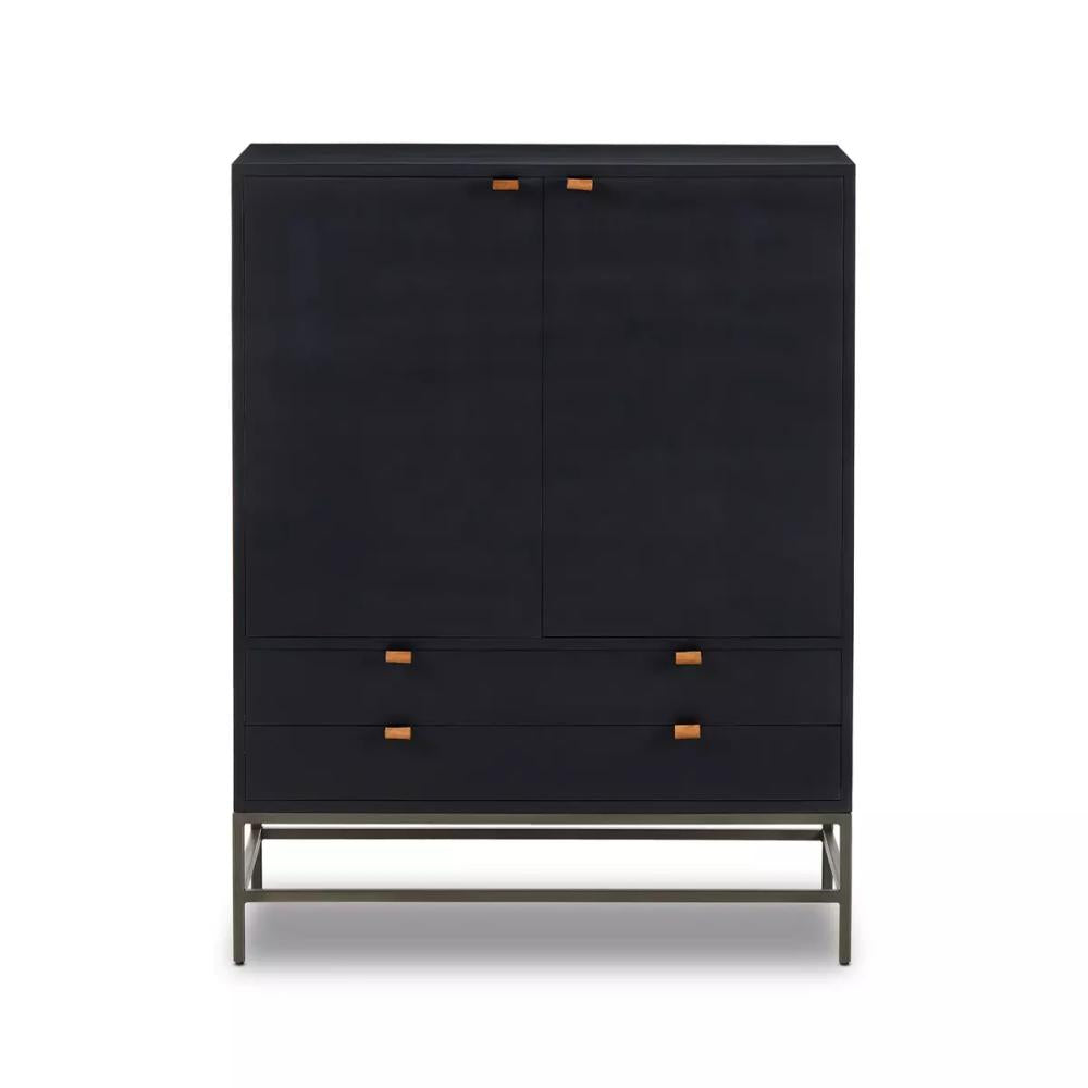 Mid-Century Style Black Wood Minimalist Bar Cabinet with Brown Leather Pulls 40 inch