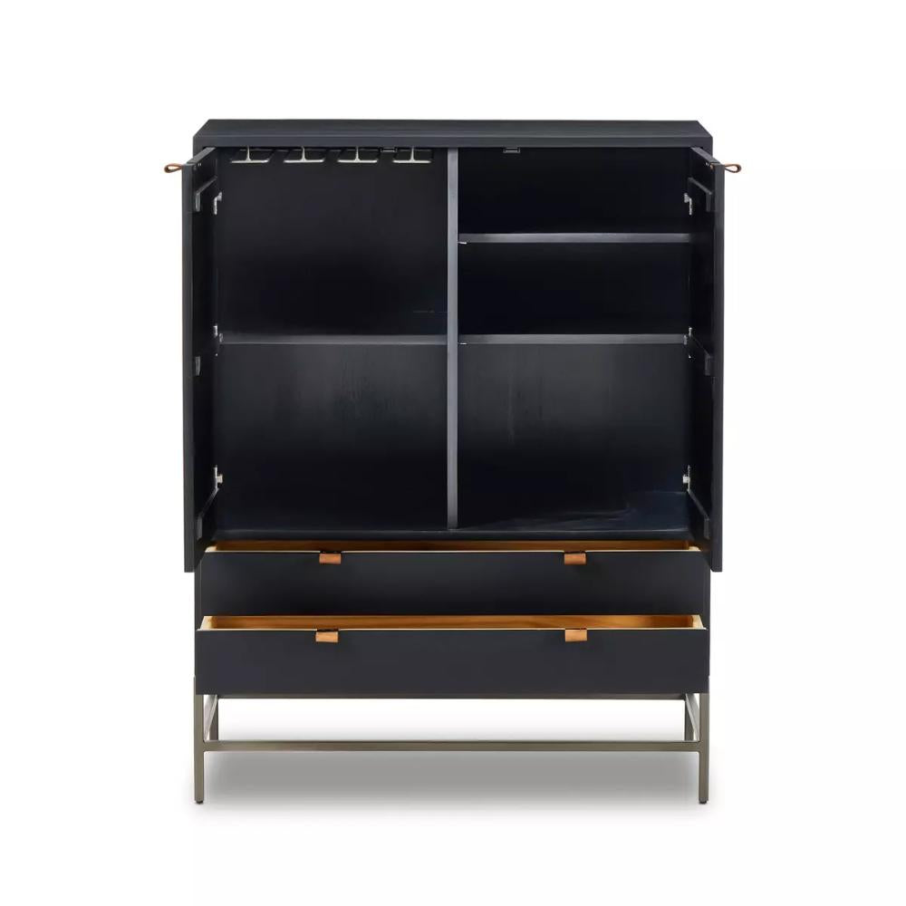 Mid-Century Style Black Wood Minimalist Bar Cabinet with Brown Leather Pulls 40 inch