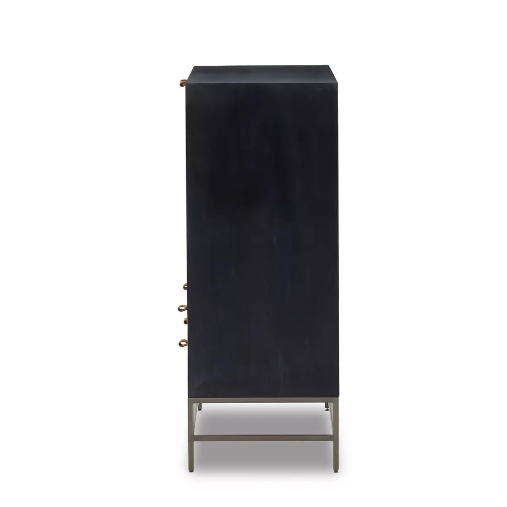 Mid-Century Style Black Wood Minimalist Bar Cabinet with Brown Leather Pulls 40 inch