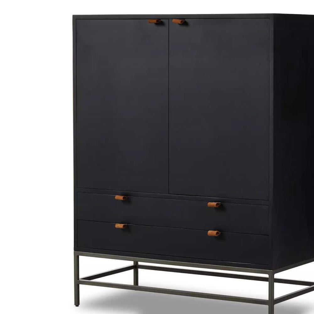 Mid-Century Style Black Wood Minimalist Bar Cabinet with Brown Leather Pulls 40 inch