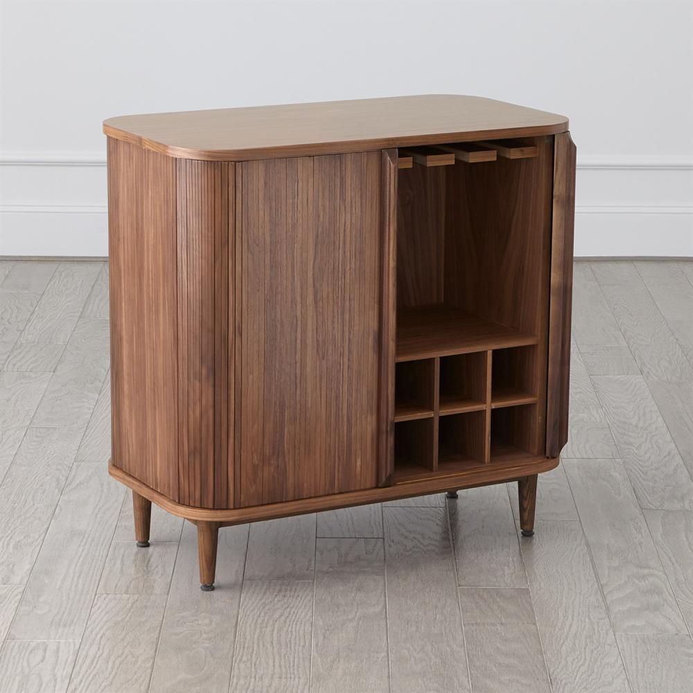 Mid-Century Style Curved Luxury Home Bar Wine Cabinet Walnut Wood 32 inch