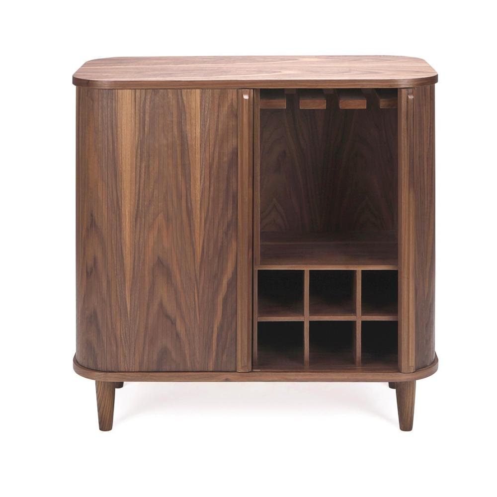 Mid-Century Style Curved Luxury Home Bar Wine Cabinet Walnut Wood 32 inch