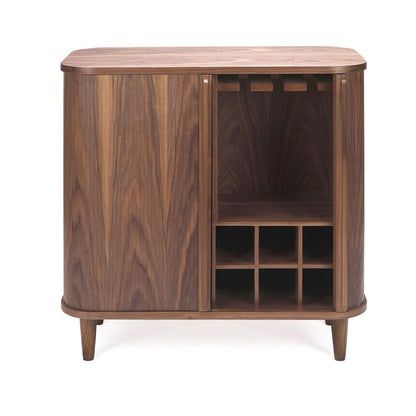 Mid-Century Style Curved Luxury Home Bar Wine Cabinet Walnut Wood 32 inch