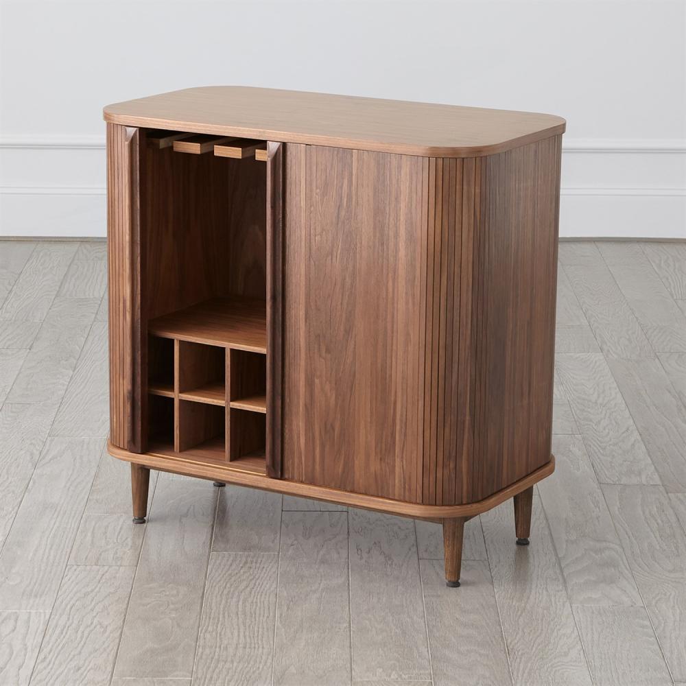 Mid-Century Style Curved Luxury Home Bar Wine Cabinet Walnut Wood 32 inch