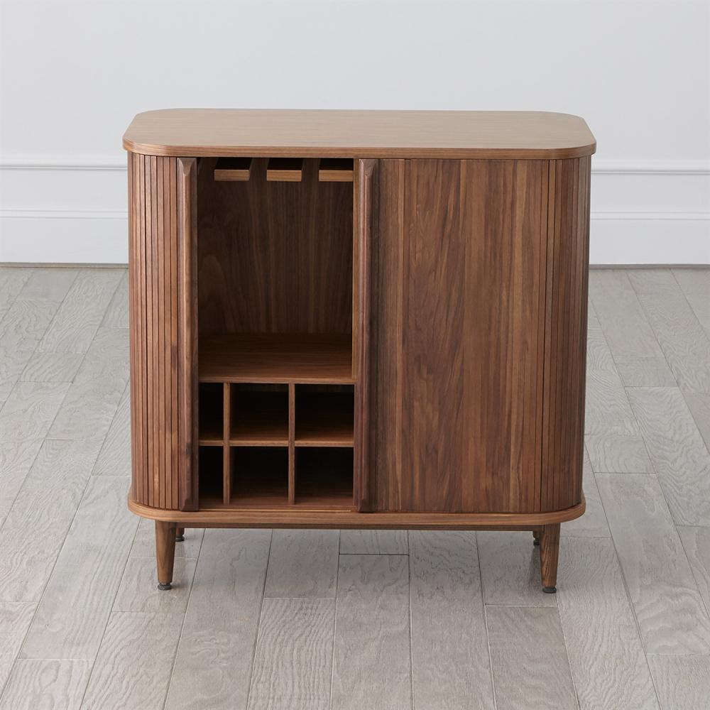 Mid-Century Style Curved Luxury Home Bar Wine Cabinet Walnut Wood 32 inch