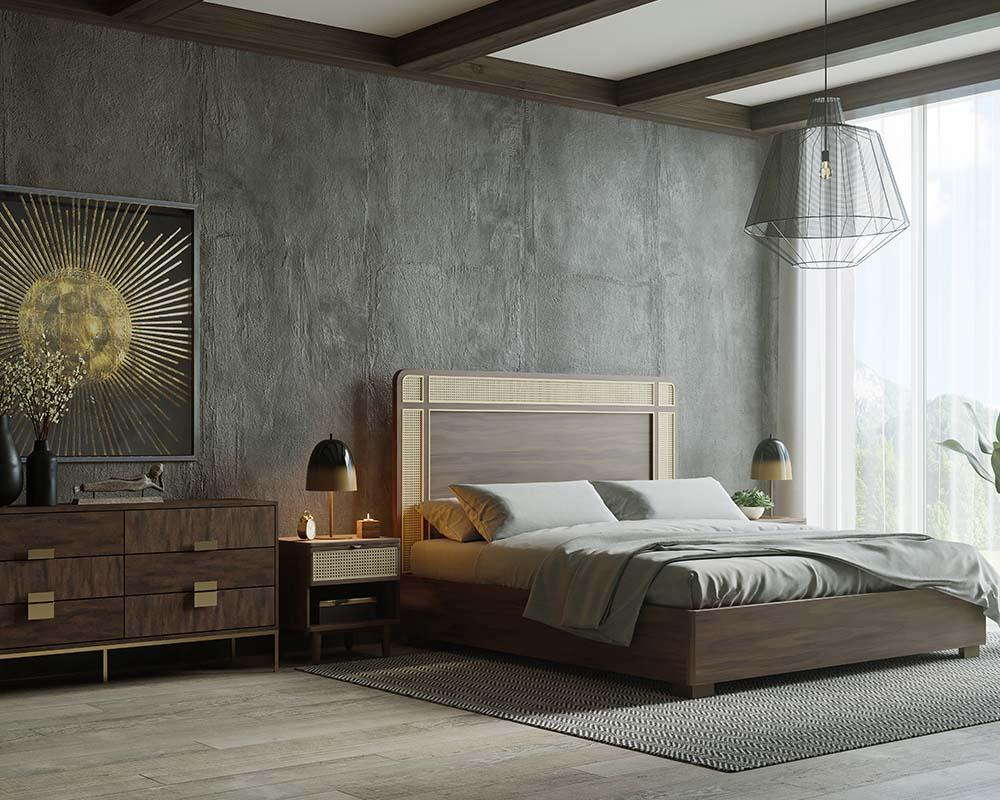 Mid-Century Style Dark Brown Mango Wood 6 Drawer Double Dresser Antique Brass Base 59 inch