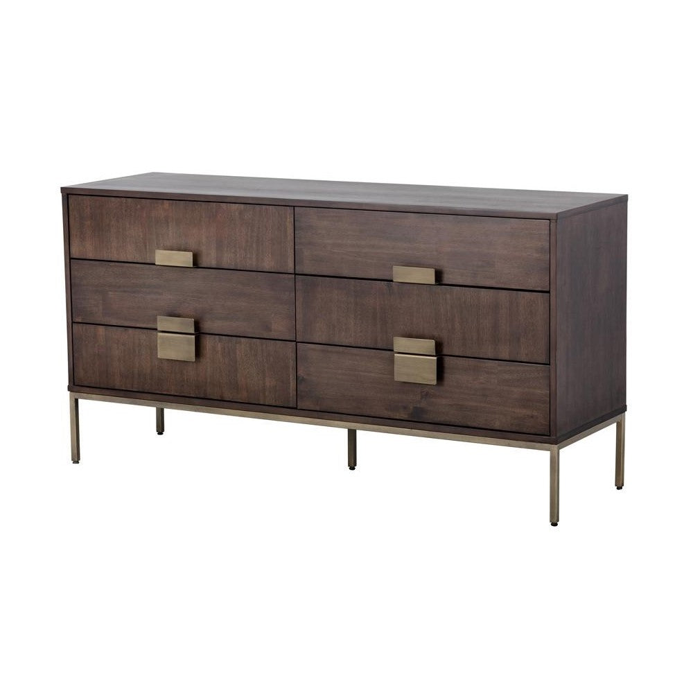 Mid-Century Style Dark Brown Mango Wood 6 Drawer Double Dresser Antique Brass Base 59 inch