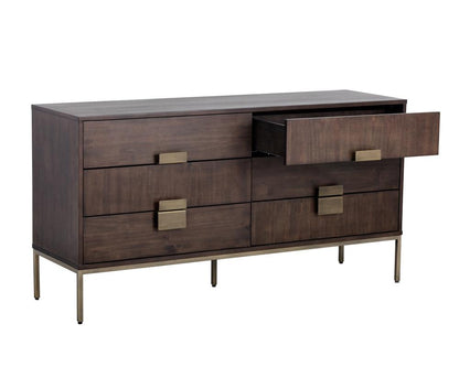 Mid-Century Style Dark Brown Mango Wood 6 Drawer Double Dresser Antique Brass Base 59 inch